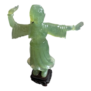 Vintage Chinese Style Carved Celadon Stone Dancer Sculpture on Wood Stand