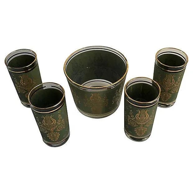 Gorgeous Hollywood Regency green ice bucket decorated with 24K-gold in stylish, Classical Greek lyre musical instrument...