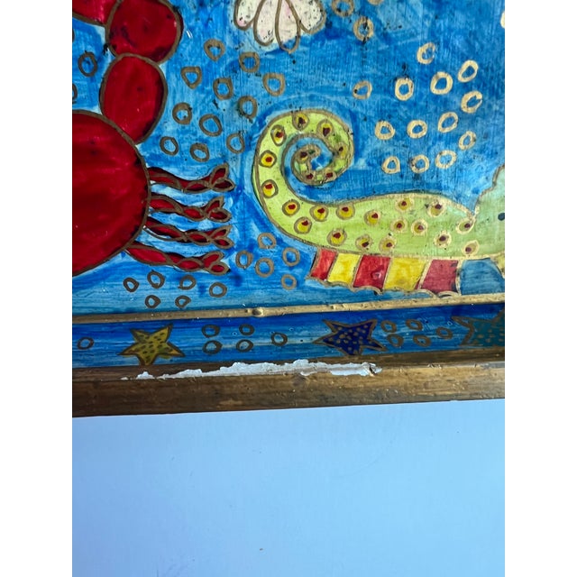 Blue Handpainted Square Tray, gold trim colorful with Sea Creatures, including a crab, lobster, fish, octopus. Could be...