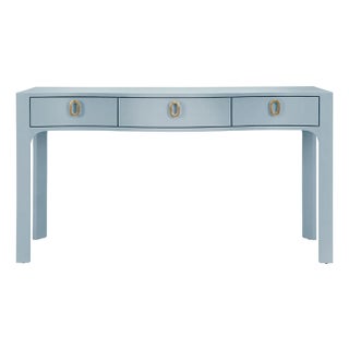 Matthew Izzo Home Sabrina Textured Light Blue Linen Three Drawer Curved Front Console With Satin Brass Hardware For Sale
