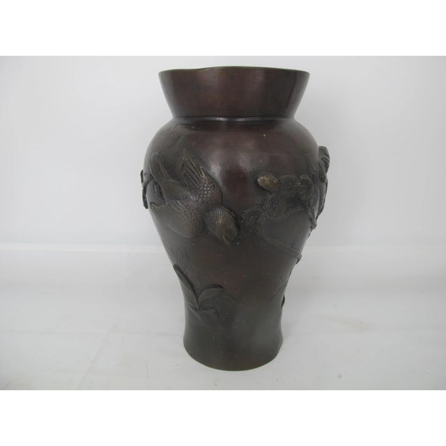 Chinese Vintage Chinese Asian Flower Bronze Vase W/Bird Blossom & Bamboo Design For Sale - Image 3 of 8