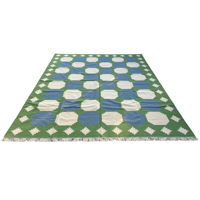 Casa Cosima Handmade Woolen Flat Weave Swedish Pattern Blue, Cream and Moss Green Area Tile Rug - 8'x10' For Sale - Image 4 of 13
