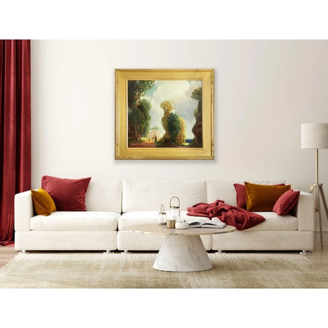 A vibrant landscape that blends the lines of genre work with the impressionist landscape, it captures a pair of woman...