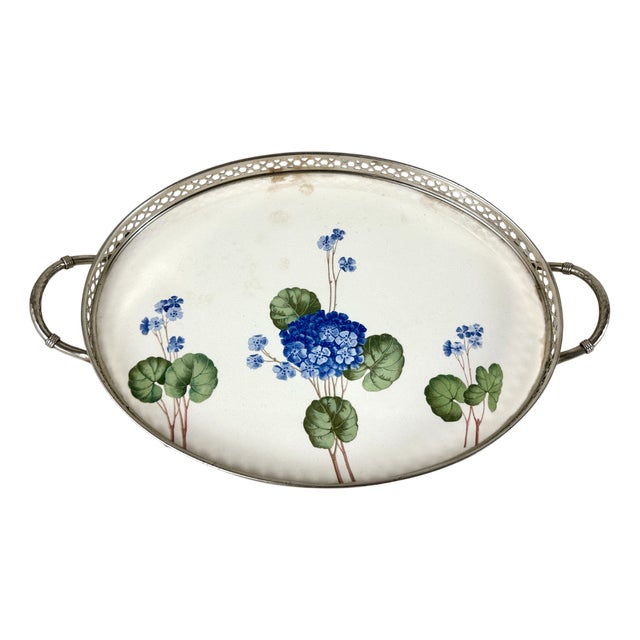 Antique Brass Serving Tray with Handles & Floral Decor, 1930s For Sale