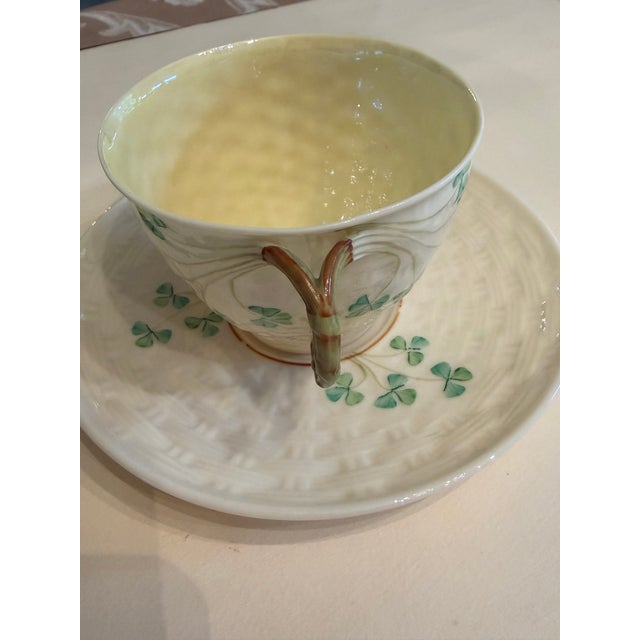 Belleek Pottery Ltd. Mid 20th Century Belleek Shamrock Teacup and Saucer For Sale - Image 4 of 10