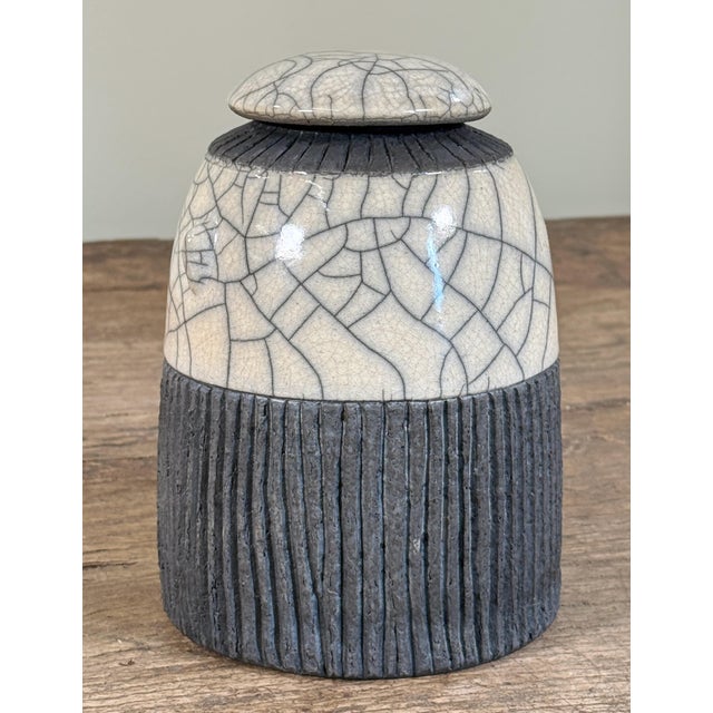 Vintage Studio Ceramic Raku Lidded Jar W/ Black and White Crackle Glaze by Mike Bose For Sale - Image 4 of 8