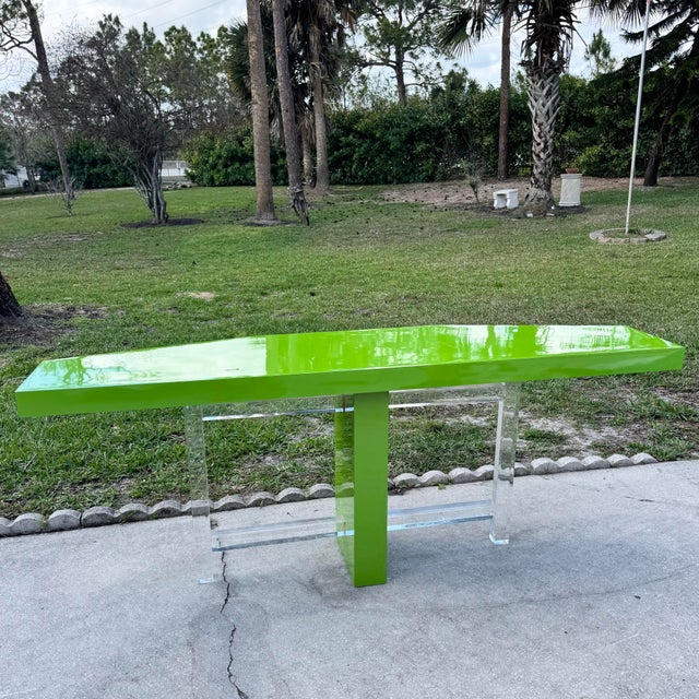 Postmodern Lime Green Lacquer Laminate and Lucite Console Table For Sale - Image 9 of 12