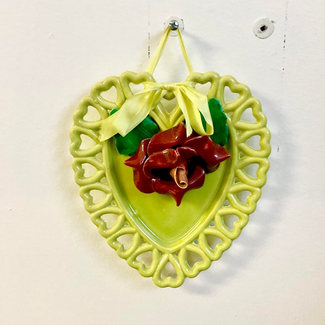 This is a gorgeous 1940s Art Deco Valentine Wall Plate. It is finished in the Majolica style with a Trompe L’Oeil Rose in...