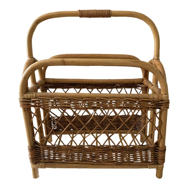 1970s Vintage Arched Rattan Magazine Rack Basket For Sale