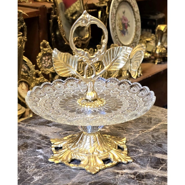Italian Luxury Brass & Crystal Pedestal Serving Stand for Elegant Entertaining For Sale - Image 3 of 5