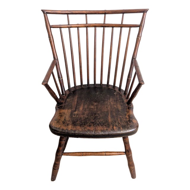 Antique Plank Seat Windsor Arm Chair New England Circa 1790 For Sale
