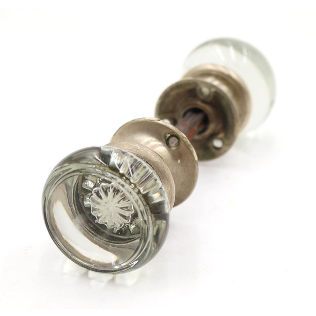 Vintage Art Deco Glass Brushed Nickel Passage Door Knob Set For Sale - Image 4 of 6