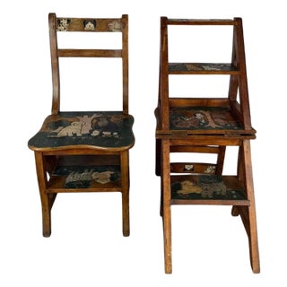 Pair of Hand-Painted Convertible Library Step Ladder Chairs With Dog Motif For Sale