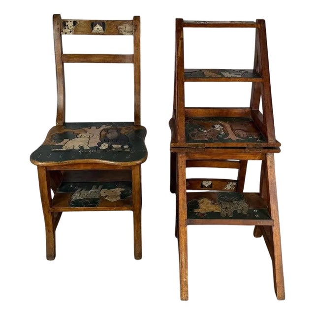 Pair of Hand-Painted Convertible Library Step Ladder Chairs With Dog Motif For Sale
