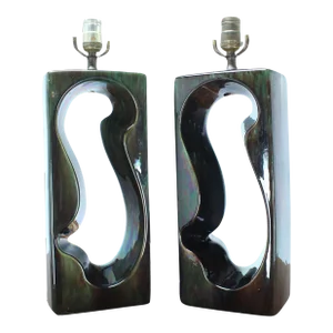 Pierced Cube Shape Glazed to High Gloss Pottery Table Lamps - A Pair