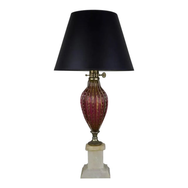 Italian Mid-Century Murano Glass Table Lamp With Gold Inclusions and Marble Base For Sale