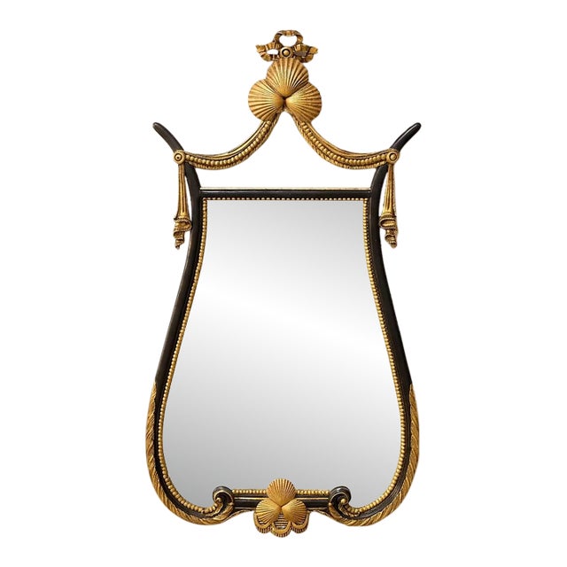 Vintage Hollywood Regency Black & Gold Gilt Wall Mirror For Sale
