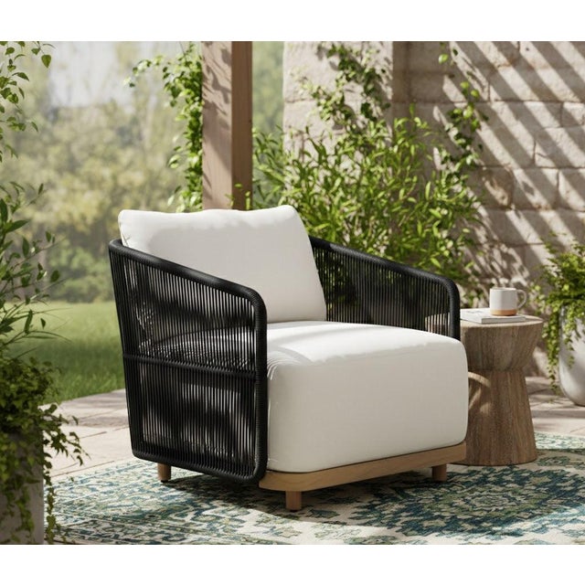 Alpine Teak Wood Outdoor Arm Chair With Black Rope Design For Sale - Image 9 of 10