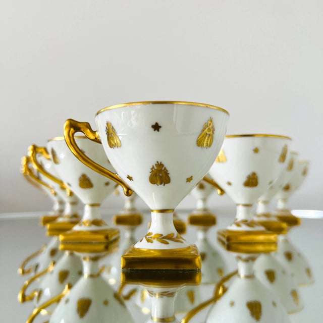 Metal Le Tallec Golden Bees Porcelain Demitasse Cups and Saucers, C. 1957 , Set/11-12 For Sale - Image 7 of 13