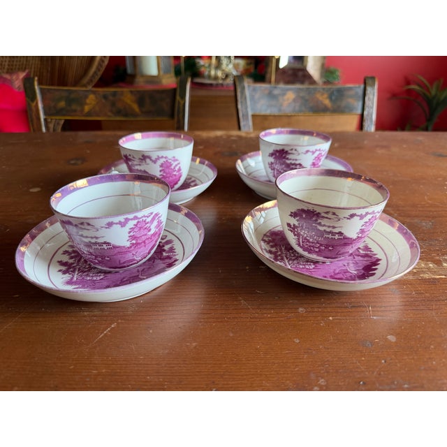 1805 Rare Antique Set of Four Pink Lustre and Bat Printed Pearlware Handled Cups and Saucers, Attributed to Thomas Wolfe - Set of 8 For Sale - Image 17 of 17