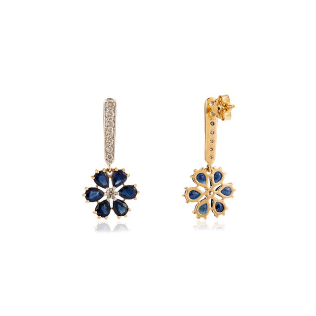Not Yet Made - Made To Order 3.77 Ct Natural Blue Sapphire & Diamond Floral Drop Earrings in 18k Yellow Gold- A Pair For Sale - Image 5 of 11