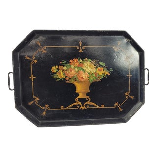 Vintage Black Tole Hand-Painted Botanical Flowers Tray For Sale