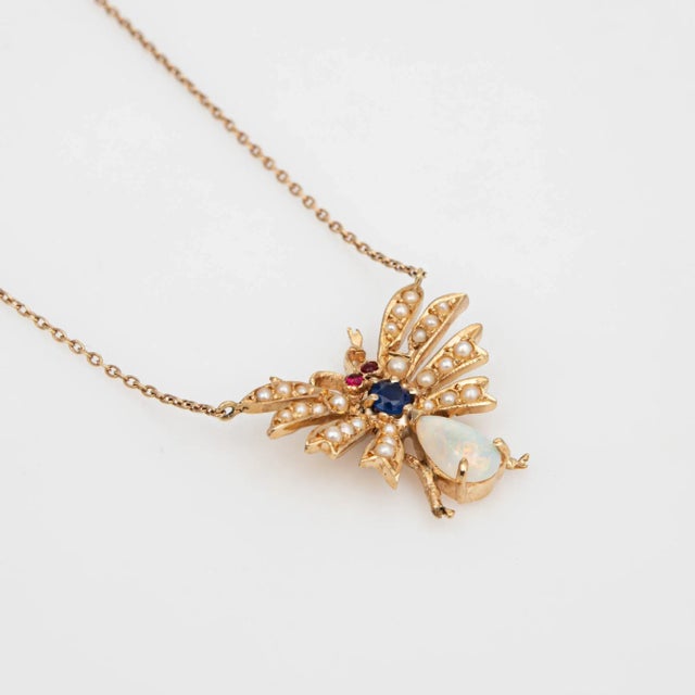 Art Deco Early 20th Century Vintage Art Deco Insect Necklace Opal Sapphire Seed Pearl Ruby 14k Gold 18.5" For Sale - Image 3 of 4
