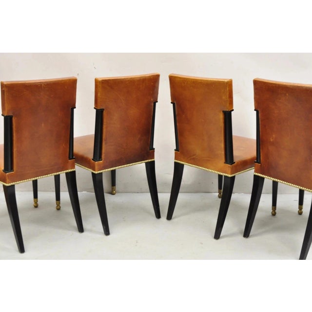 Late 20th Century French Art Deco Style Brown Leather Ebonized Frame Dining Chairs - Set of 8 For Sale - Image 4 of 18