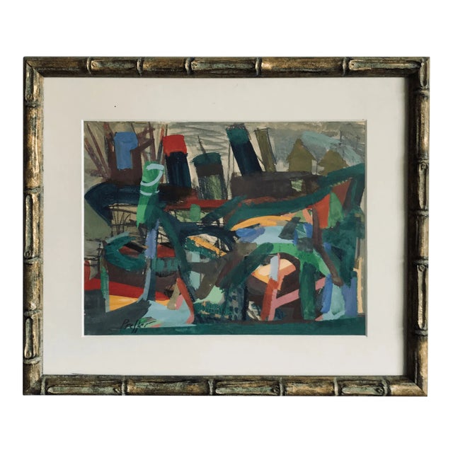 1960s Abstract Cityscape Gouache Painting by Josef Presser, Framed For Sale