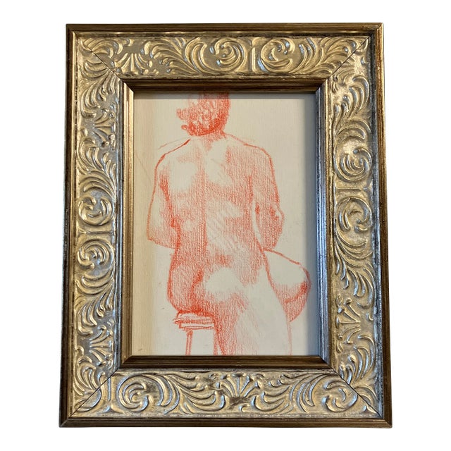 1970’s Original Small Orange Female Nude Study Drawing Ornate Tabletop Frame For Sale