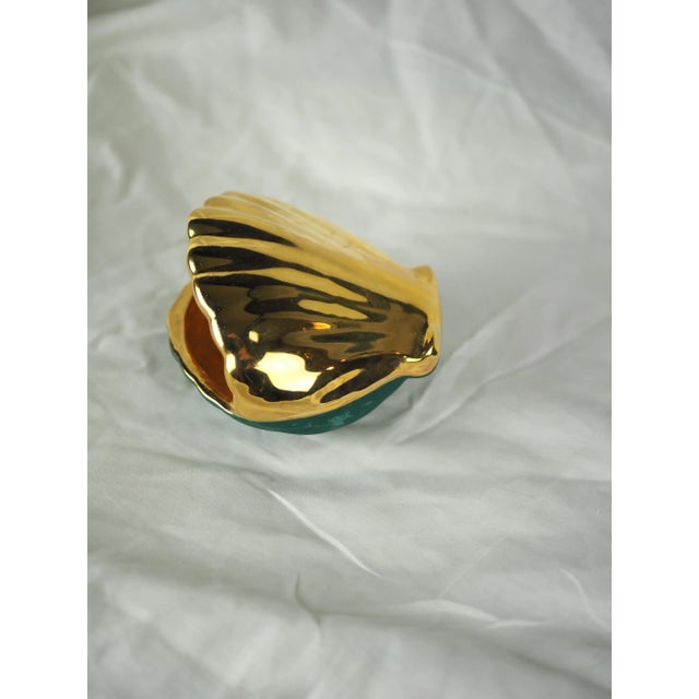 Mid-Century French Limoges Porcelain Tray Gilted Scallop Shell Shaped With a Duck Green Background For Sale - Image 10 of 11