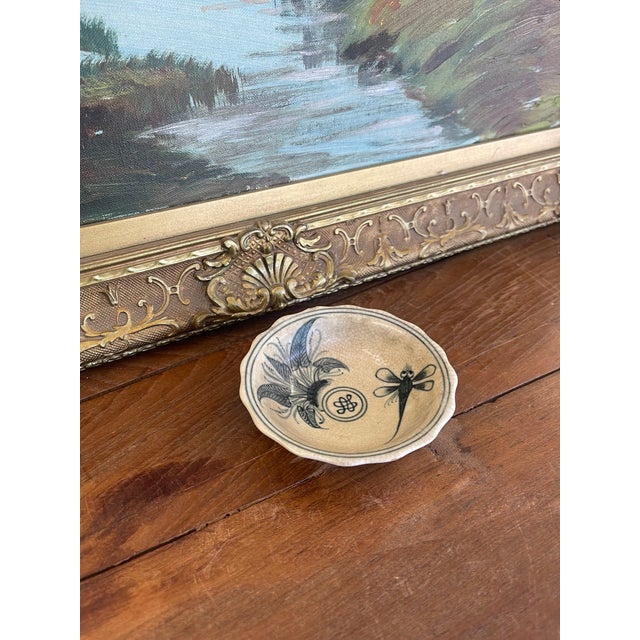 Ceramic Vintage Vietnamese Ceramic Tea Bowl With Hand-Painted Dragonfly and Botanical Motif. For Sale - Image 7 of 9