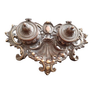 1930s Ornate Bronze Art Nouveau Depose Double Inkwell For Sale