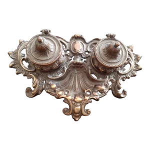 1930s Ornate Bronze Art Nouveau Depose Double Inkwell