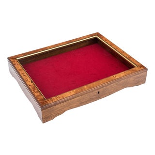 Vintage Tabletop Burl Wood and Glass Keyed Collector’s Display Box For Sale