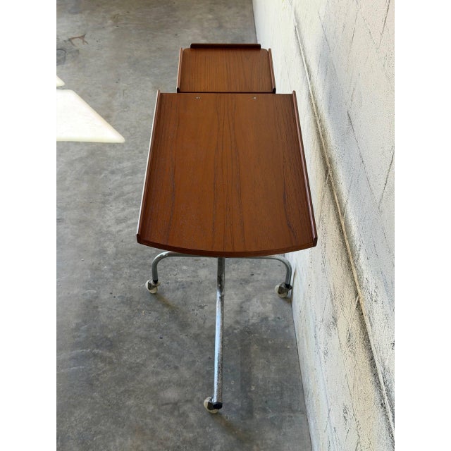 Teak Rolling Side Table With Adjustable Height Chrome Base Vintage Mid-Century Modern 1960s For Sale - Image 10 of 11