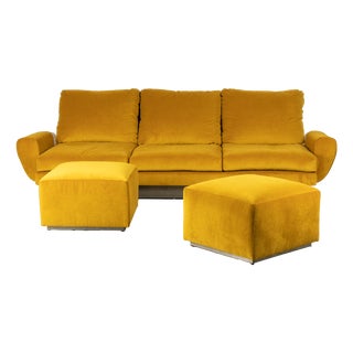 Three-Seater Sofa and Poufs in Yellow Velvet1970, Set of 3 For Sale