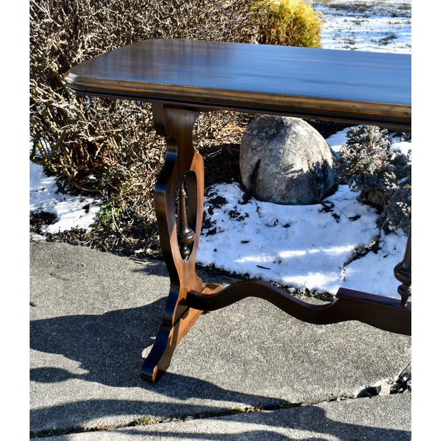 Walnut Jacobean Style Console Sofa Table Vintage 1950s Trestle Base 60 For Sale - Image 12 of 13