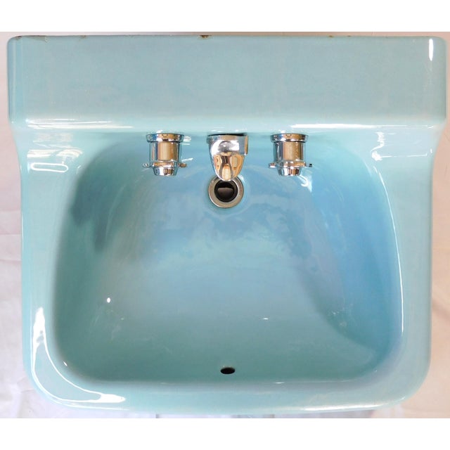 1973 Vintage "Standard" Clair De Lune Blue Cast Iron & Porcelain Wall-Mounted Sink For Sale - Image 4 of 18