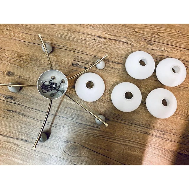 Large Sputnik Spider UFO 5-Arm Ceiling Lamp in Opal Glass & Brass, 1950s For Sale - Image 13 of 14