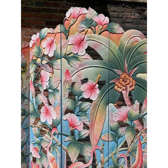 1950s Original 1950s MCM Hand Painted Flamingo Tropical 5 Panel Carved Wood Room Divider For Sale - Image 5 of 14