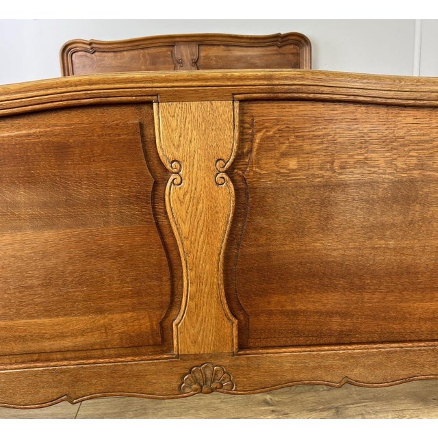 Wood Vintage French Louis XVI Oak Double Bed Frame with Carved Headboard For Sale - Image 7 of 11