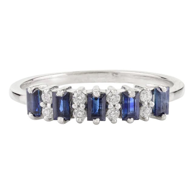 Baguette Cut Blue Sapphire & Diamond Half Band Ring Size 5.5 For Sale