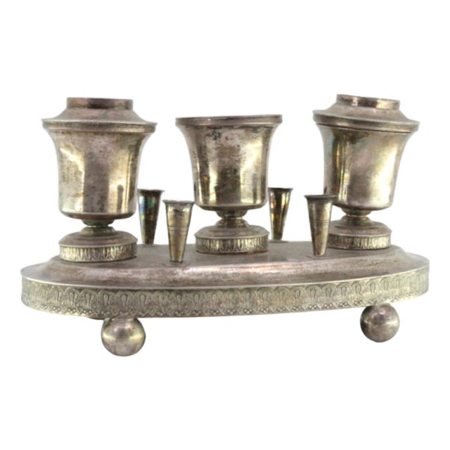 Silver Inkwell with Reservoirs, Pen Holders with Guilloche Friezes and Ball-Shaped Feet For Sale