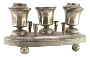 Silver Inkwell with Reservoirs, Pen Holders with Guilloche Friezes and Ball-Shaped Feet