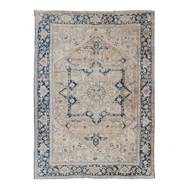 Antique Persian Heriz Rug With Geometric Medallion Design in Taupe, Blue-Gray For Sale
