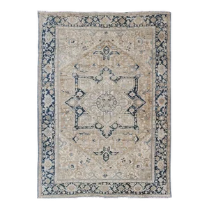 Antique Persian Heriz Rug With Geometric Medallion Design in Taupe, Blue-Gray