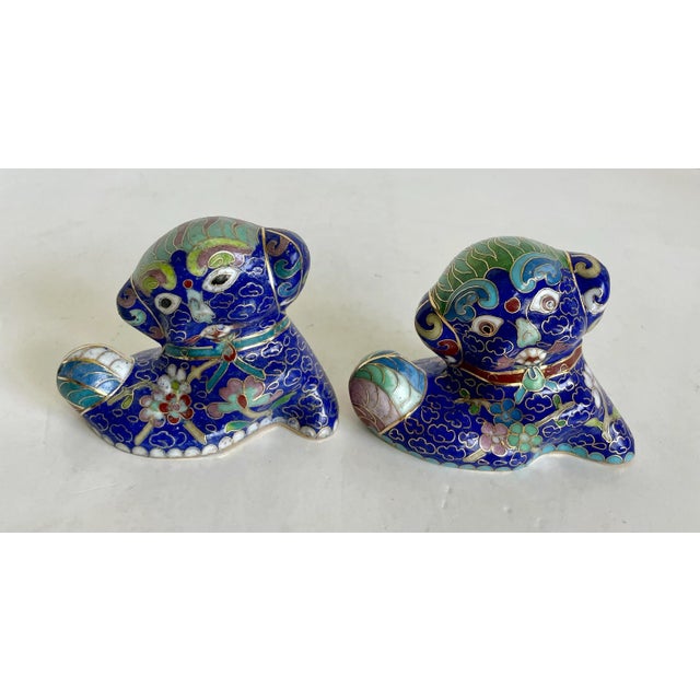 Late 20th Century Pair of Petite Asian Cloisonné Foo Dog Figurines For Sale - Image 5 of 11
