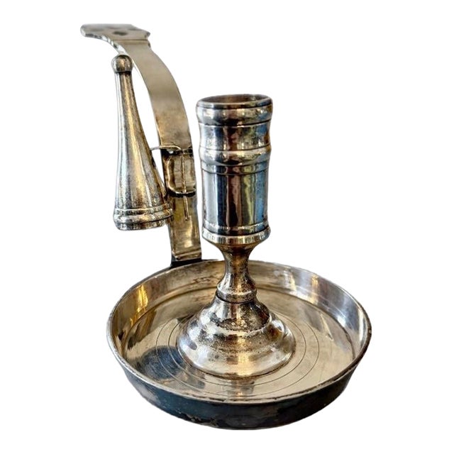 Early 20th Century Silver Plate Chamber Stick With Attached Snuffer For Sale