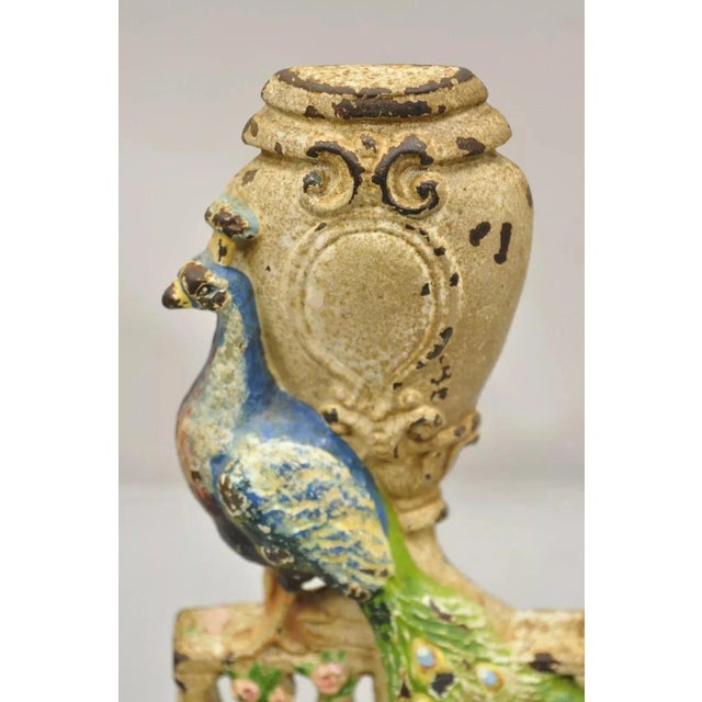 Victorian Antique Hubley Art Deco Cast Iron Figural Blue Green Peacock Painted Door Stop For Sale - Image 3 of 11